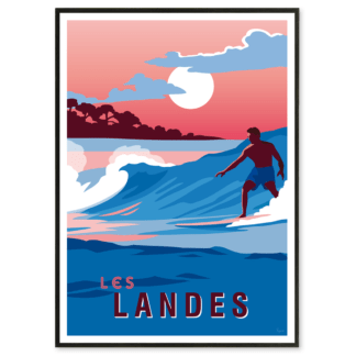 Affiche des Landes représentant un surfeur au crépuscule