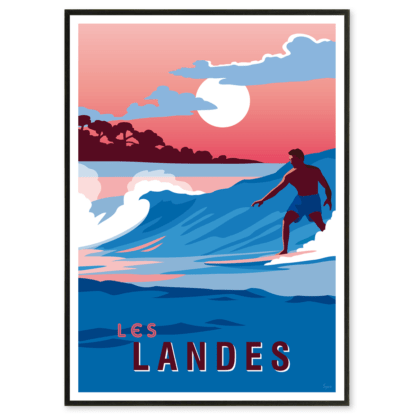 Affiche des Landes représentant un surfeur au crépuscule