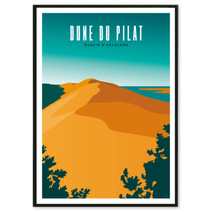 Affiche illustrée représentant la Dune du Pilat et le Banc d’Arguin, avec une vue panoramique sur la mer, le sable doré de la dune et la forêt en arrière-plan. Style graphique rétro et épuré.