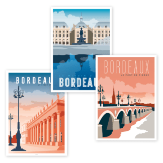 3 affiches de Bordeaux, le Miroir d'eau, le Grand théâtre et le pont de Pierre