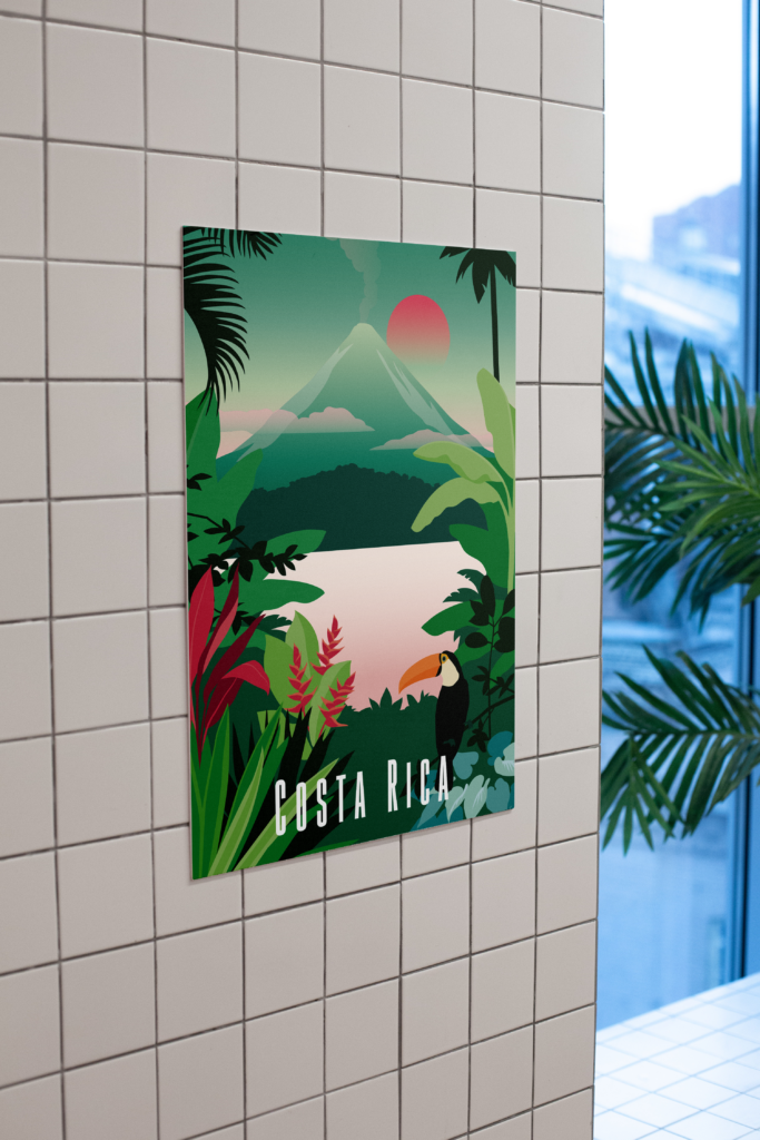 Affiche poster du costa rica avec un toucan et le volcan Arenal