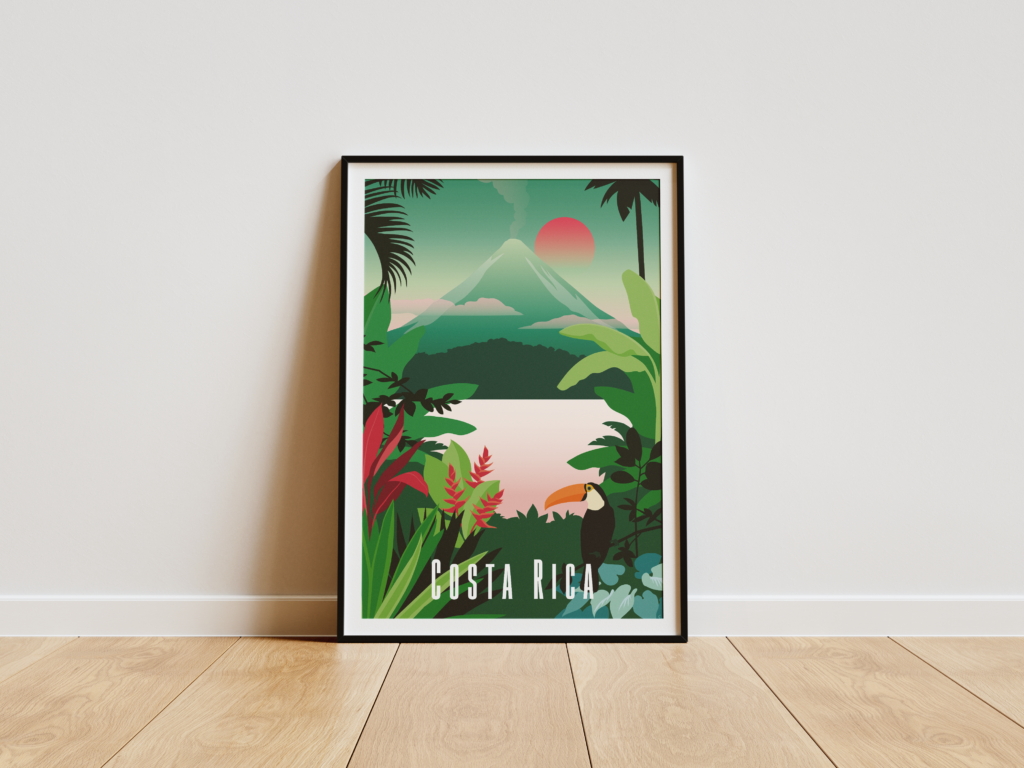 Affiche poster du costa rica avec un toucan et le volcan Arenal