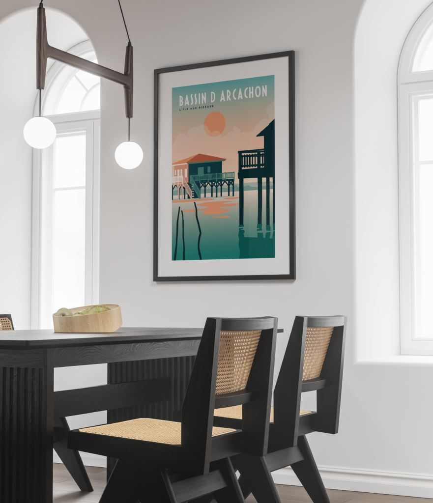 Poster affiche représentant l'ile aux oiseaux sur le bassin d'arcachon avec ses deux cabanes tchanquées